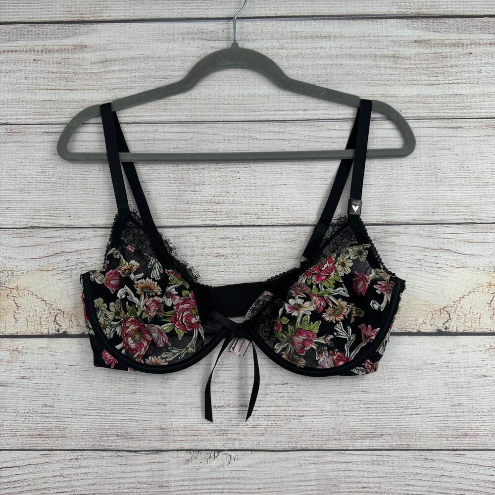 Victoria's Secret Floral Lace‎ Underwire Bra Womens 36DD Black Pink Green NEW